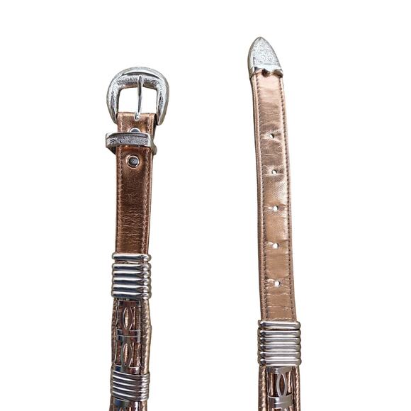 Vintage 80s Gold Copper Silver Belt M/L Etched Buckle Guard Tip Office Siren - Picture 7 of 11